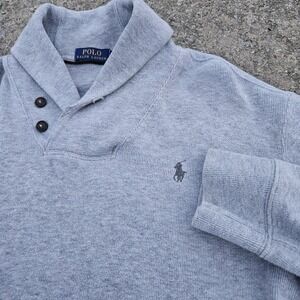 Soft POLO RALPH LAUREN Mens Shawl Neck M Pullover Sweater Sweatshirt Gray Logo‎